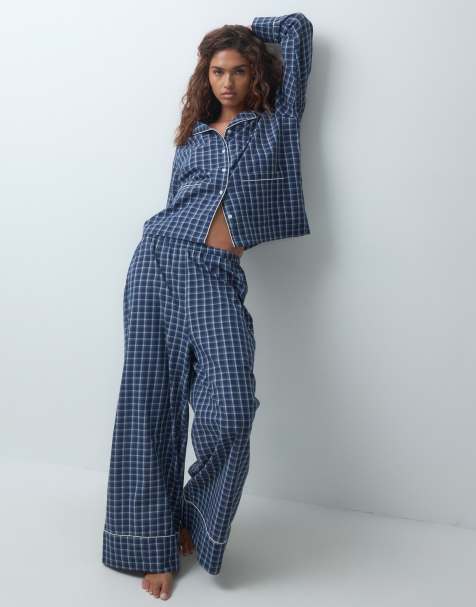 ASOS DESIGN woven long sleeve pyjama set in blue check - view 1