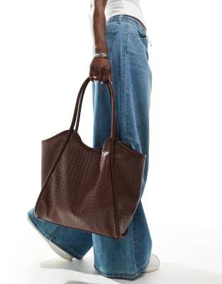 woven look tubular tote bag in chocolate brown