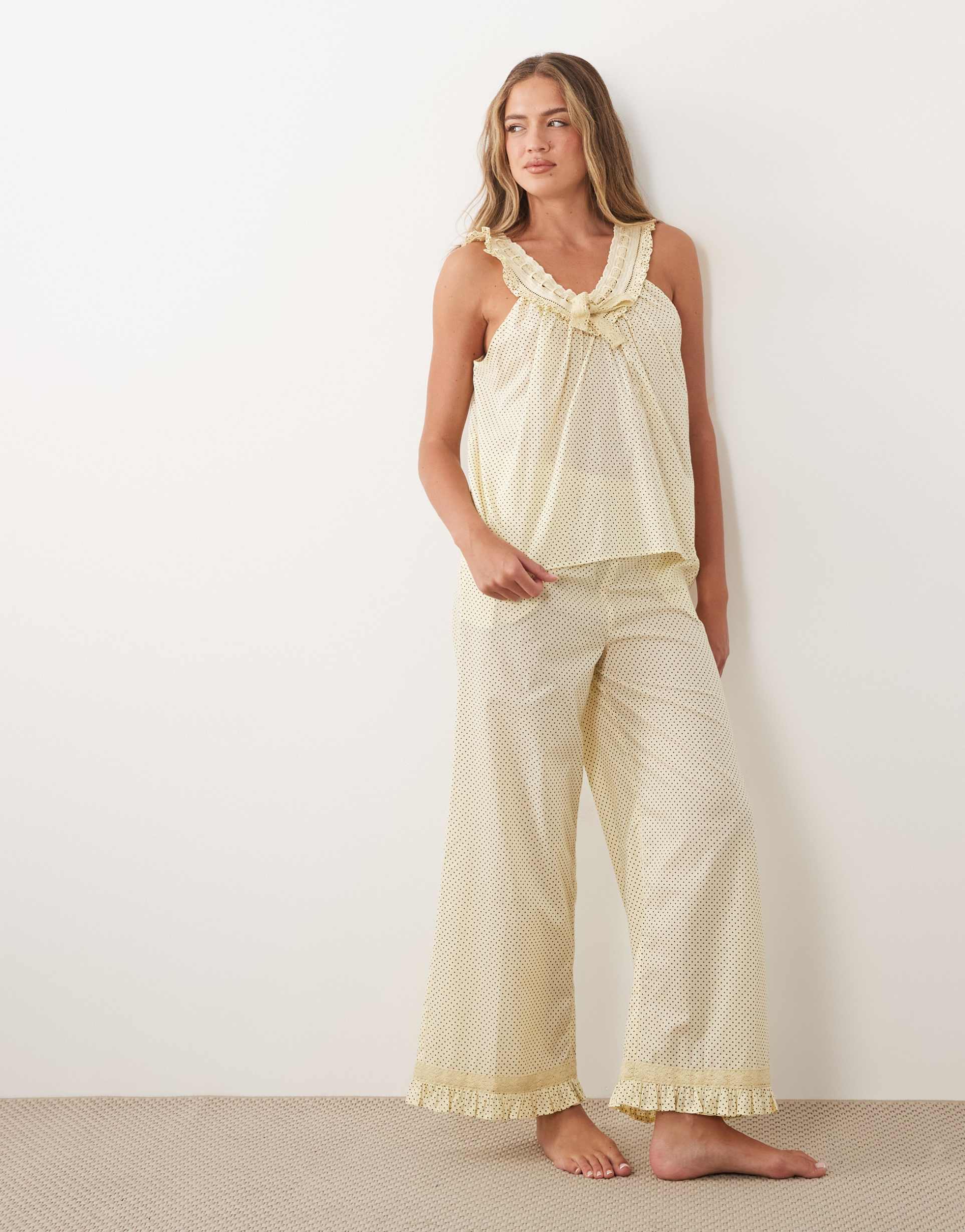 asos design woven milkmaid top and pants set in buttermilk & choc polka dots