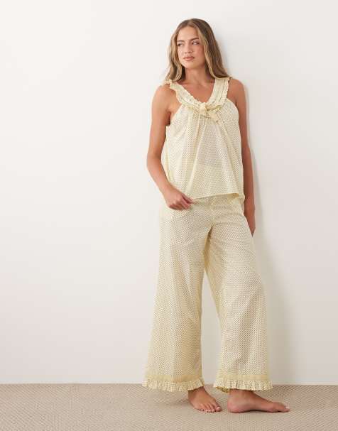 ASOS DESIGN woven milkmaid top and trouser set in buttermilk & choc polka dot - view 1
