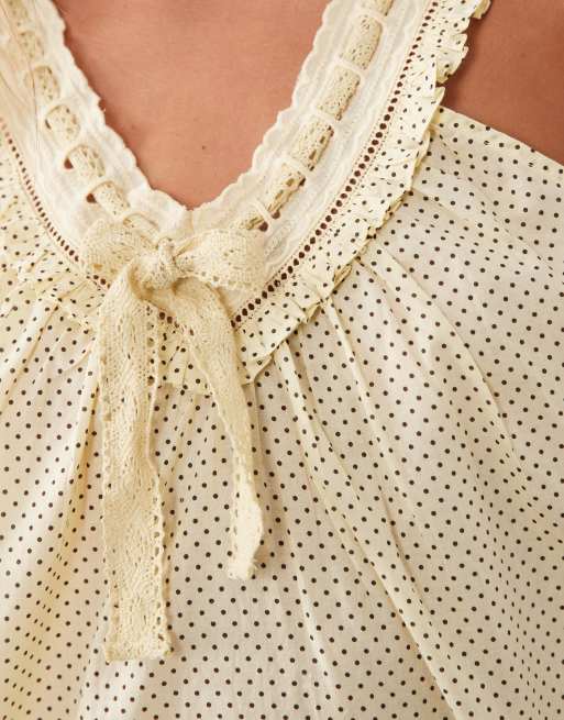 ASOS DESIGN woven milkmaid top and trouser set in buttermilk & choc polka dot, 2 of 4