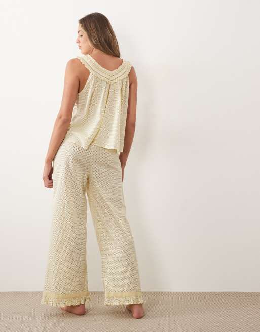 ASOS DESIGN woven milkmaid top and trouser set in buttermilk & choc polka dot, 3 of 4