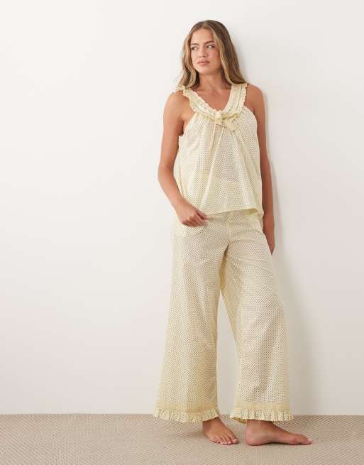 ASOS DESIGN woven milkmaid top and trouser set in buttermilk & choc polka dot, 4 of 4