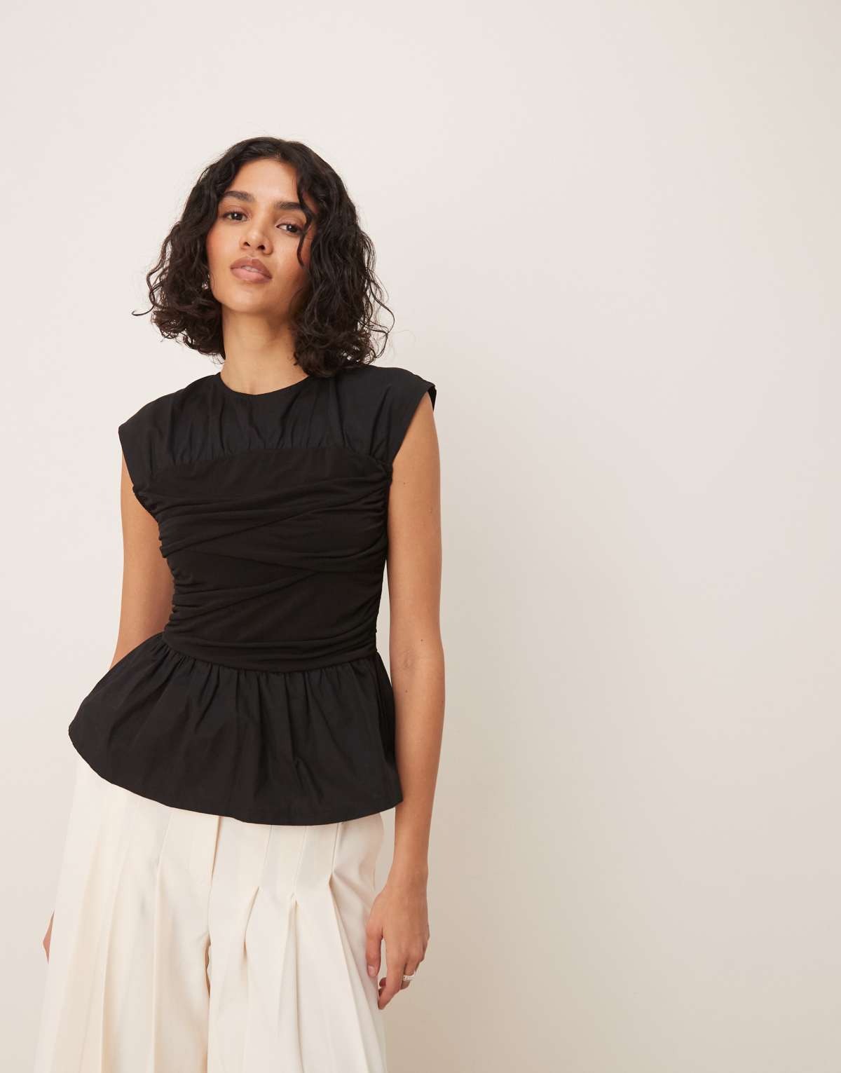 ASOS DESIGN woven mix bandage top with ruching detail in black