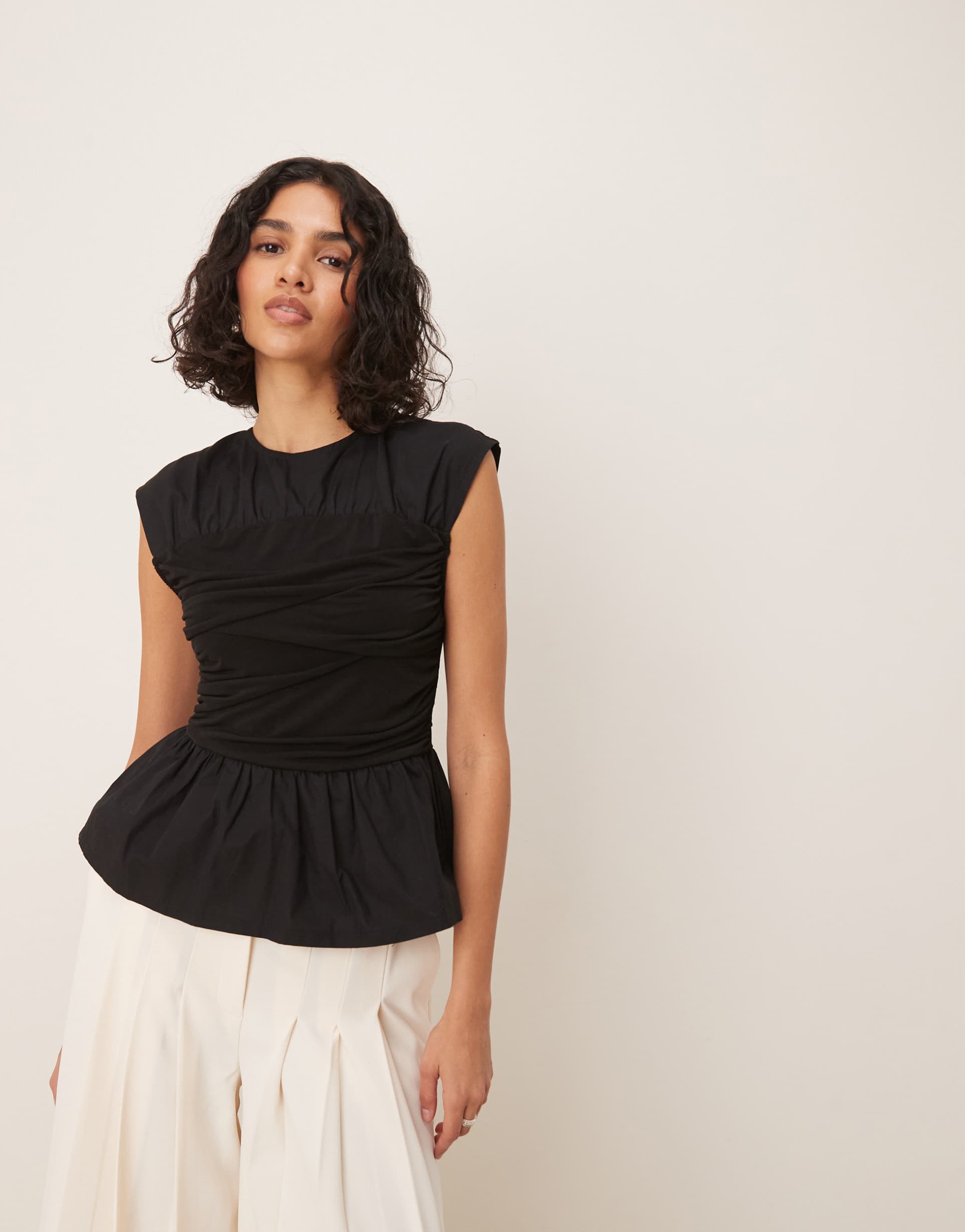 asos design woven mix bandage top with ruching detail in black