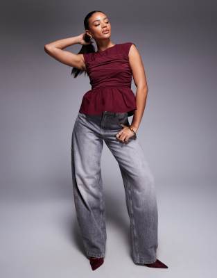 Asos Design Woven Mix Bandage Top With Ruching Detail In Burgundy