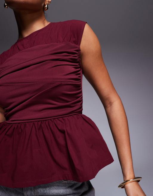 ASOS DESIGN woven mix bandage top with ruching detail in burgundy, 3 of 4