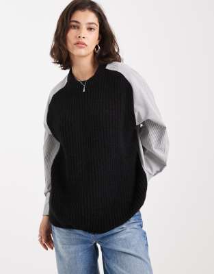 Asos Design Woven Mix Knit Sweater In Black