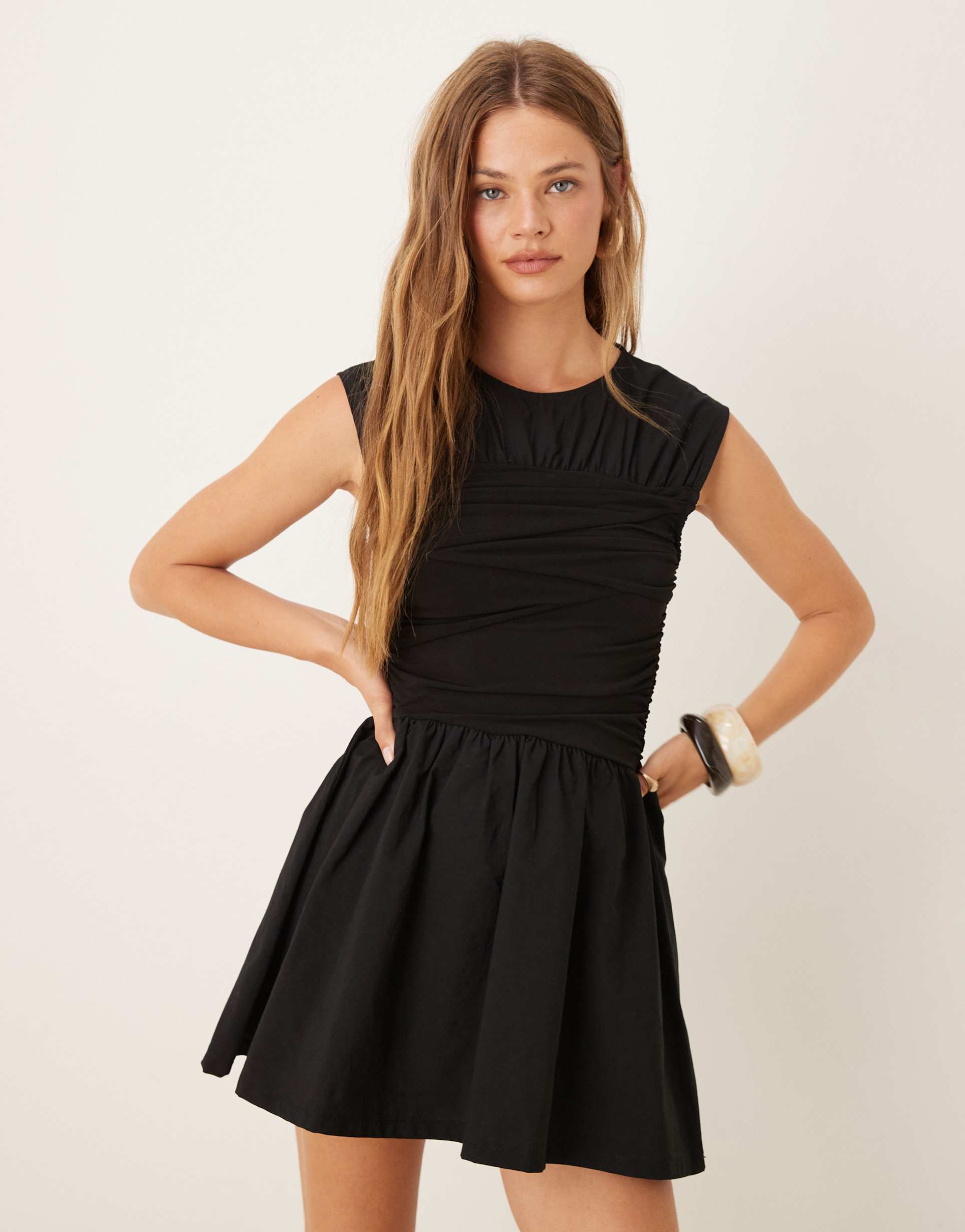 asos design woven mix waisted wrap detail mini dress in black