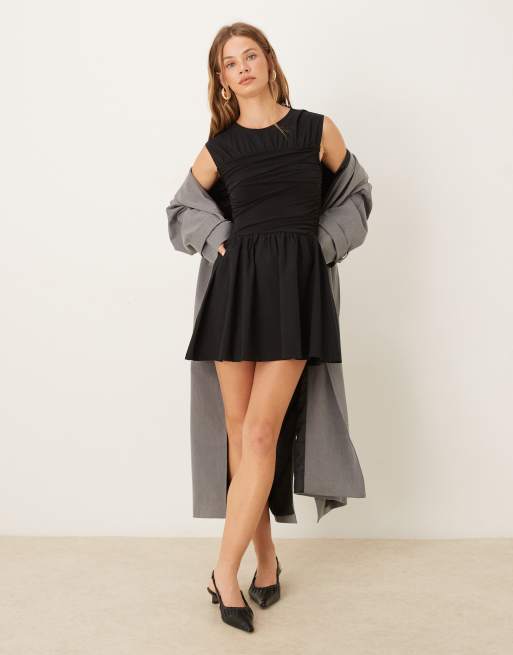 ASOS DESIGN woven mix waisted wrap detail mini dress in black, 3 of 4