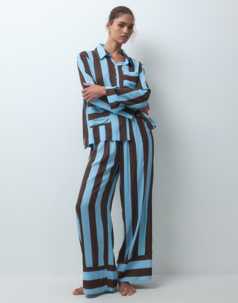 ASOS DESIGN woven modal long sleeve pyjama set in blue stripe - view 1