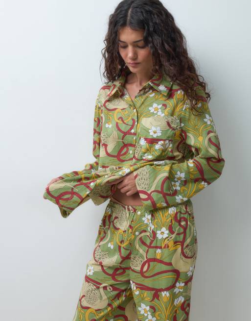 ASOS DESIGN woven modal long sleeve pyjama set in swan print, 2 of 5