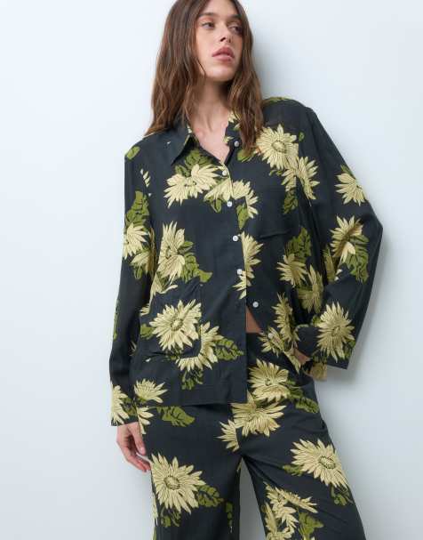 ASOS DESIGN woven modal long sleeve shirt and wide leg trouser pyjama set in dark floral print - view 1