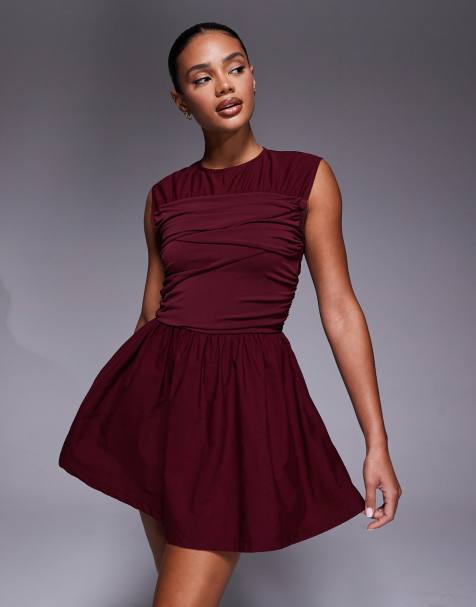 ASOS DESIGN woven mx waisted wrap detail mini dress in burgundy - view 1