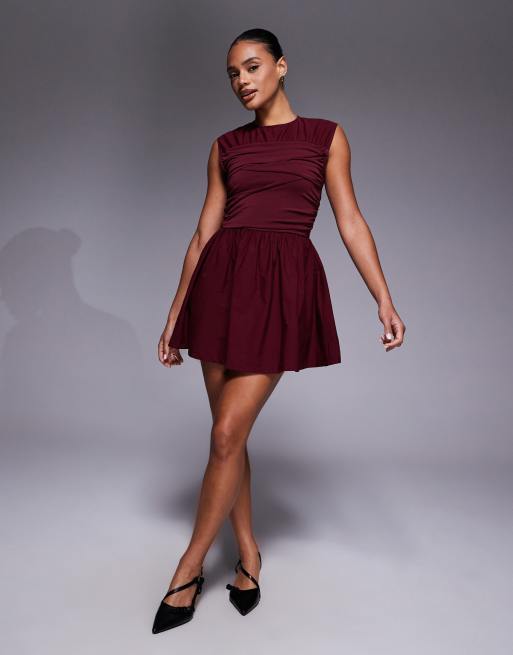 ASOS DESIGN woven mx waisted wrap detail mini dress in burgundy, 3 of 4
