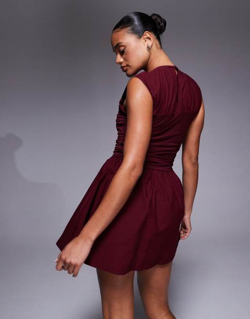 ASOS DESIGN woven mx waisted wrap detail mini dress in burgundy, 4 of 4