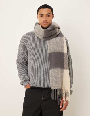 Asos Design Woven Oversized Check Scarf In Gray