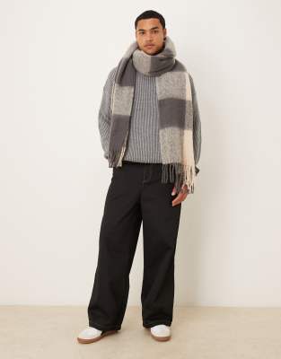 Asos Design Woven Oversized Check Scarf In Gray