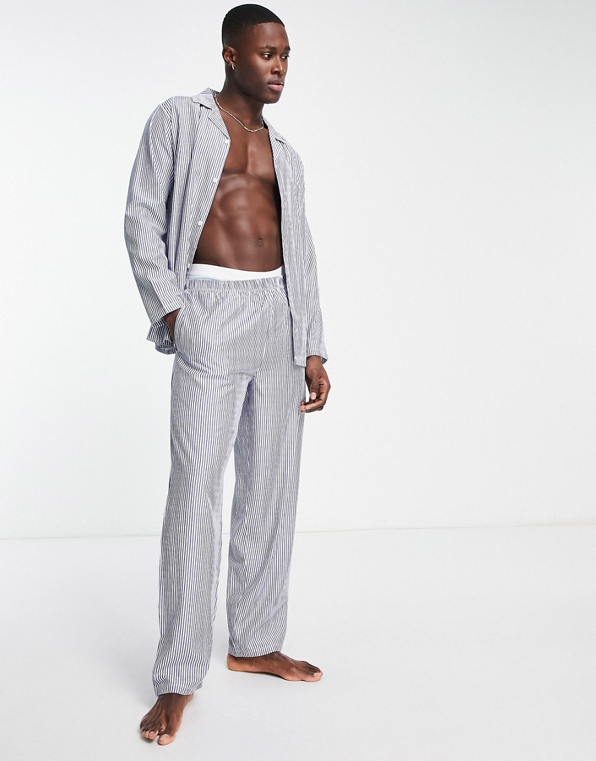 ASOS DESIGN woven pajama set with long sleeve shirt and pants in blue stripe