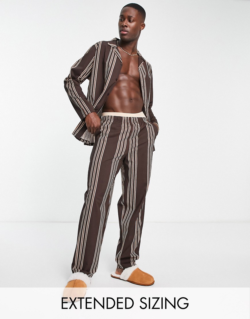 ASOS DESIGN woven pajama set with long sleeve shirt and pants in brown stripe