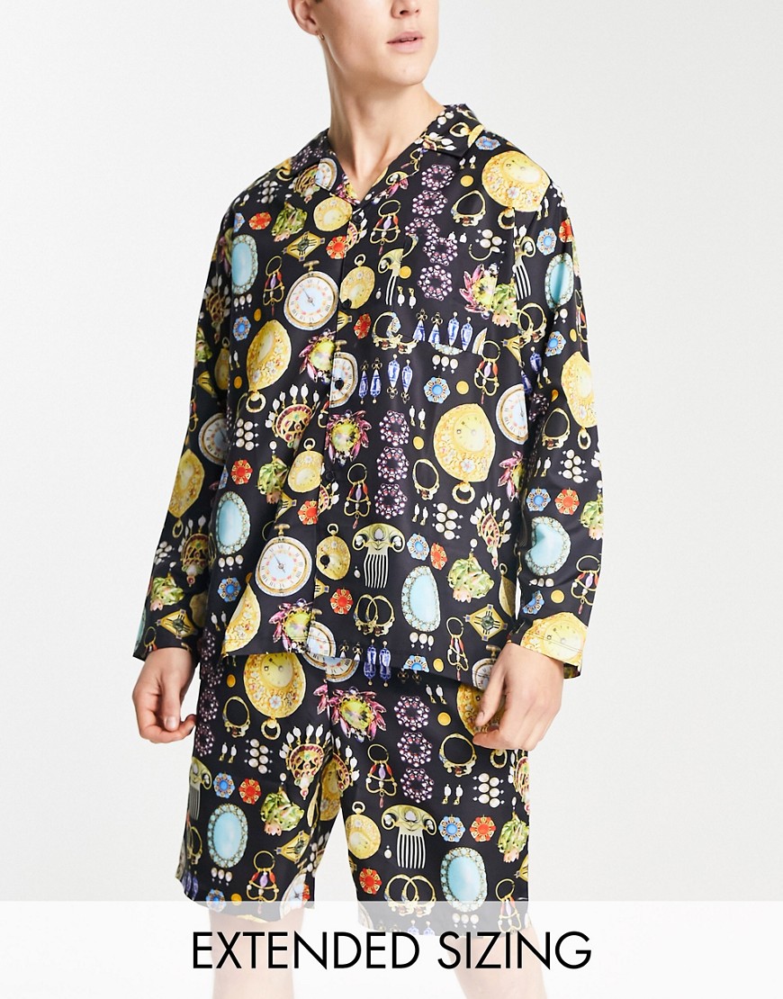 Asos Design Woven Pajama Set With Long Sleeve Shirt And Shorts In Multi Print In Black