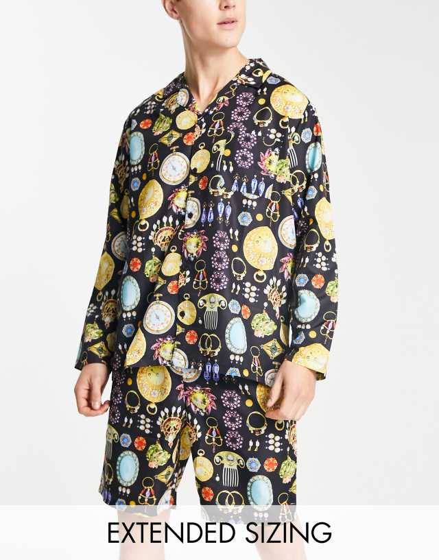 ASOS DESIGN woven pajama set with long sleeve shirt and shorts in multi print in black