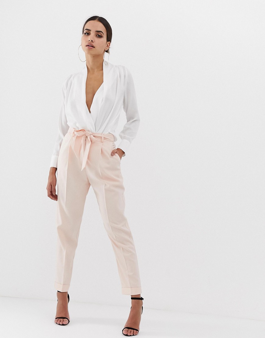 ASOS DESIGN woven peg trousers with obi tie-Pink