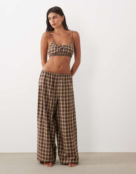 ASOS DESIGN woven plaid crop top and wide leg pants pajama set with lace trim in brown - view 1