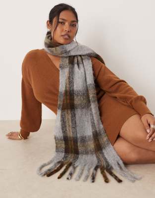 Asos Design Woven Plaid Tassel Scarf In Gray