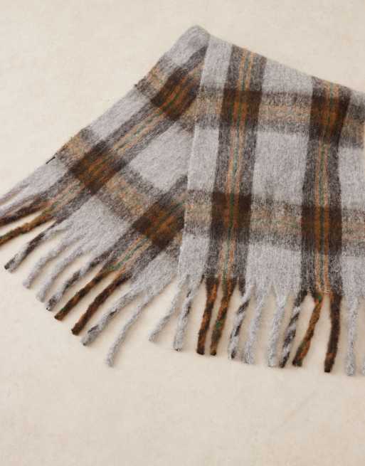 ASOS DESIGN woven plaid tassel scarf in gray and brown