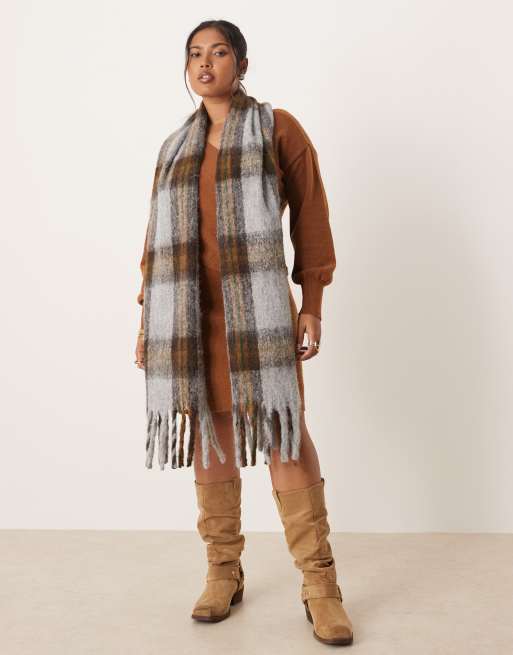 ASOS DESIGN woven plaid tassel scarf in gray and brown