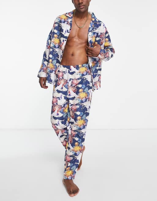 ASOS DESIGN woven pyjama set with long sleeve shirt and pants in multi floral print