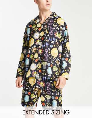 ASOS DESIGN ASOS DESIGN woven pyjama set with long sleeve shirt and shorts in multi print in black