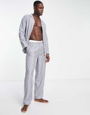 ASOS DESIGN woven pyjama set with long sleeve shirt and trousers in blue stripe