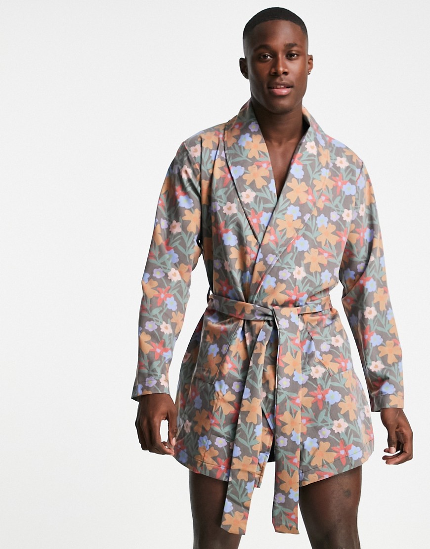 ASOS DESIGN woven robe with flower print - part of a set-Multi