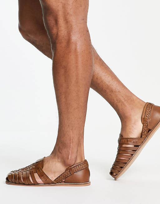 ASOS DESIGN woven sandals in tan leather