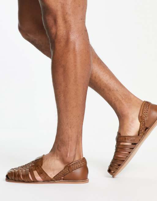 ASOS DESIGN Francis leather woven flat sandals in tan