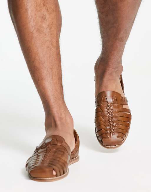 ASOS DESIGN woven sandals in tan leather ASOS