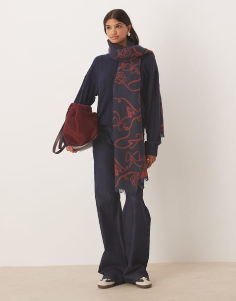 ASOS DESIGN woven scarf in abstract bow and flower jacquard in navy and burgundy - view 1