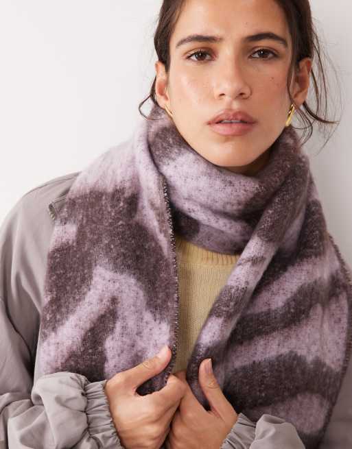 ASOS DESIGN woven scarf with fluffy zebra design in lilac and chocolate, 2 of 3