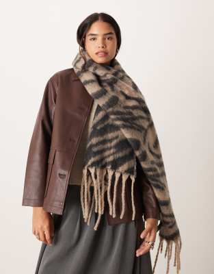 Asos Design Woven Scarf With Fluffy Zebra Design-multi