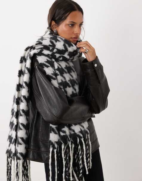 ASOS DESIGN woven scarf with houndstooth in black and white - view 1