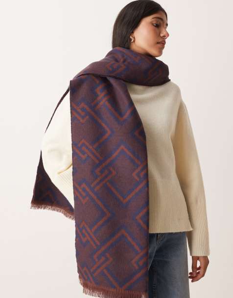 ASOS DESIGN woven scarf with monogram jacquard design in brown and navy - view 1