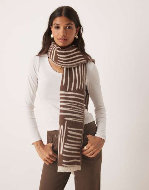 ASOS DESIGN woven scarf with monogram jacquard squiggle design in chocolate and cream - view 1