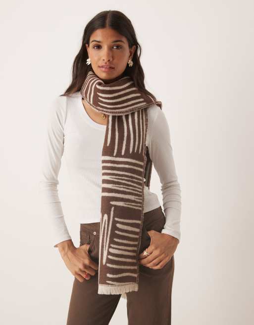 ASOS DESIGN woven scarf with monogram jacquard squiggle design in chocolate and cream