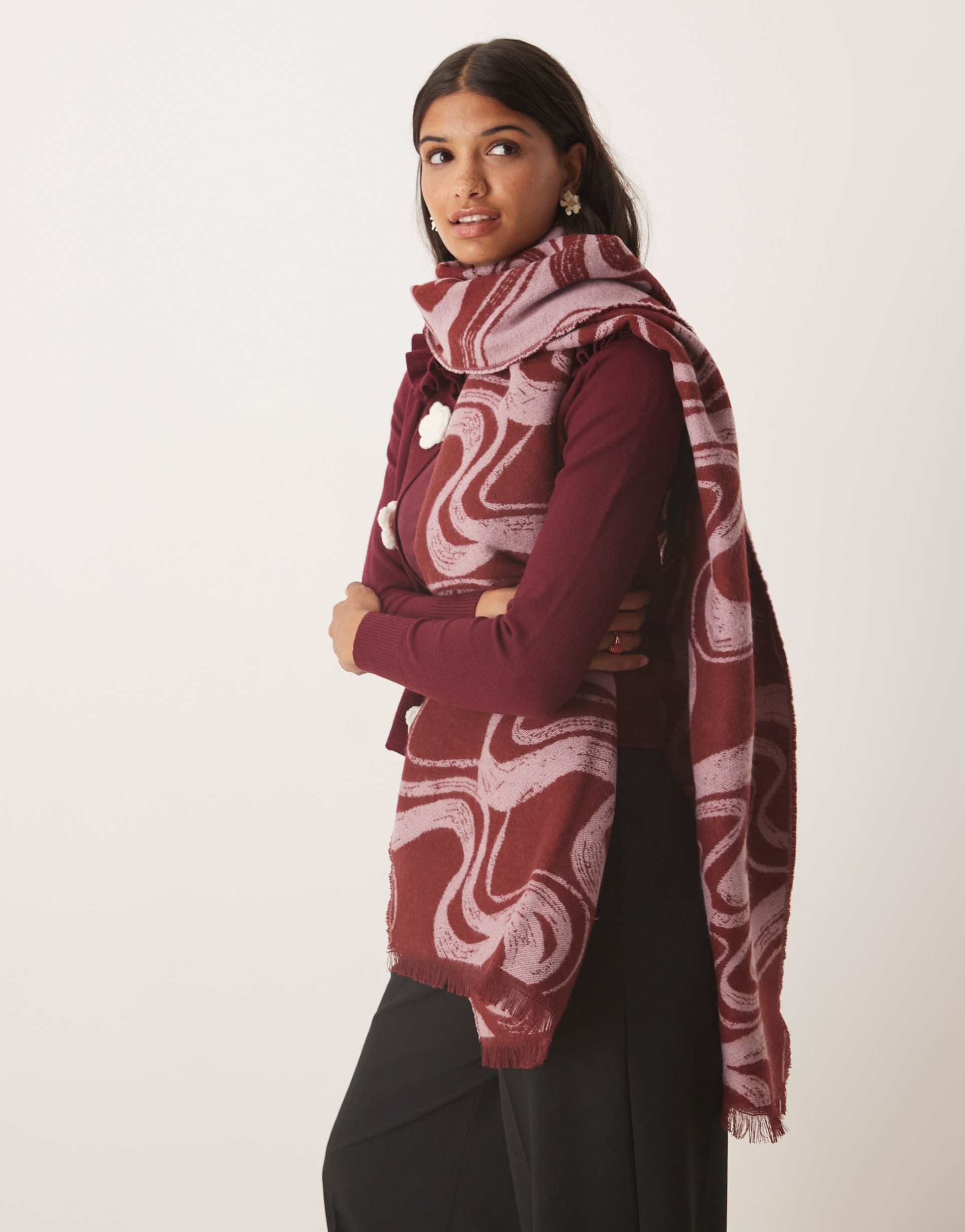 asos design woven scarf with monogram jacquard swirl design in pink and burgundy