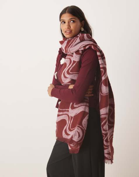 ASOS DESIGN woven scarf with monogram jacquard swirl  design in pink and burgundy - view 1