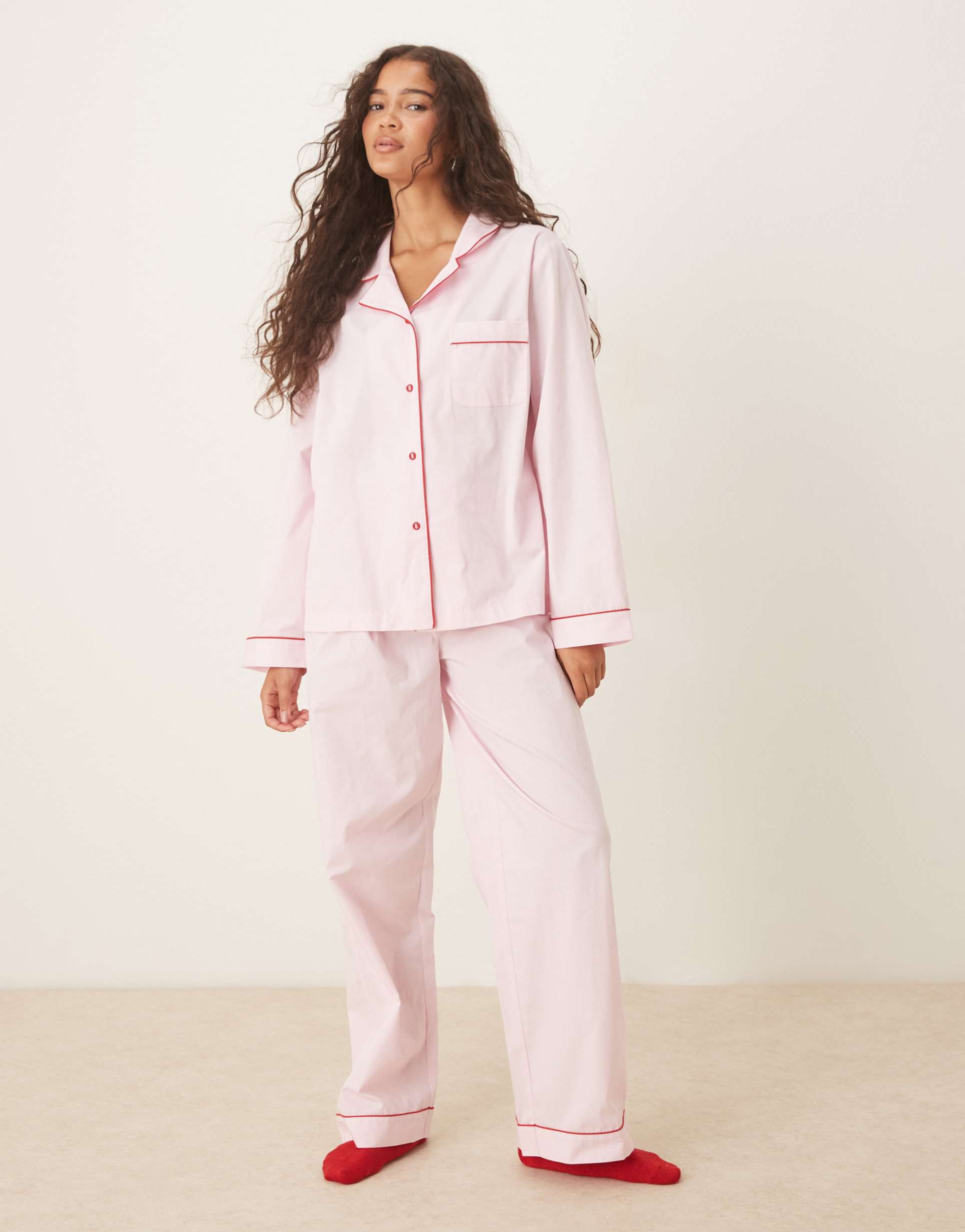 asos design woven shirt & wide leg pajama set in pink with contrast piping in red