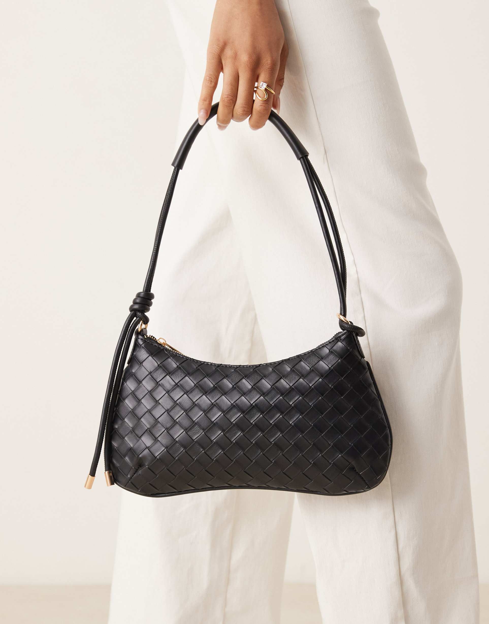 asos design woven shoulder bag with knot detail skinny strap in black