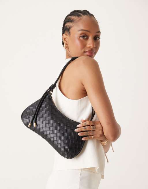 ASOS DESIGN woven shoulder bag with knot detail skinny strap in black